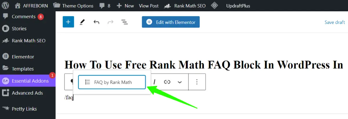 adding rank math faq in block editor