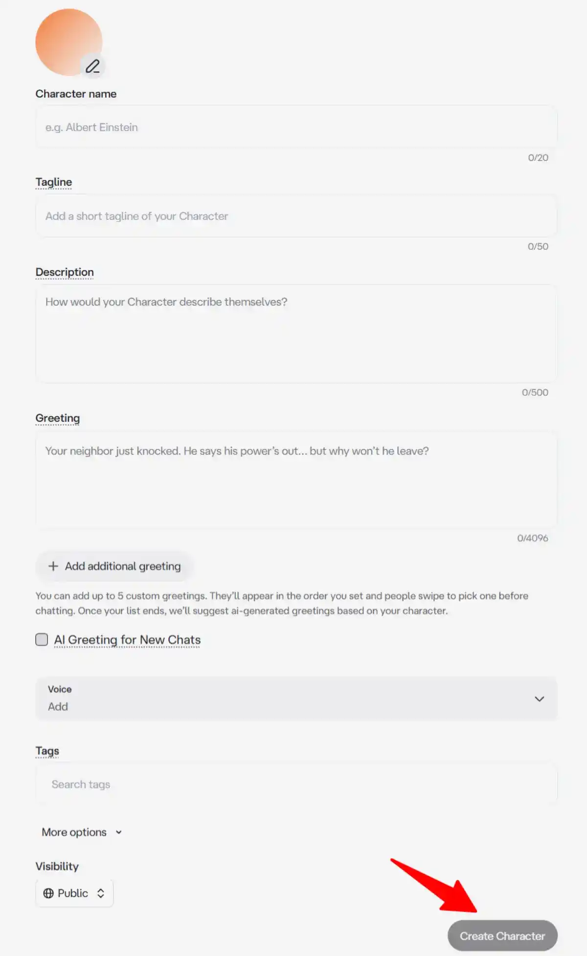 characterai creating a character