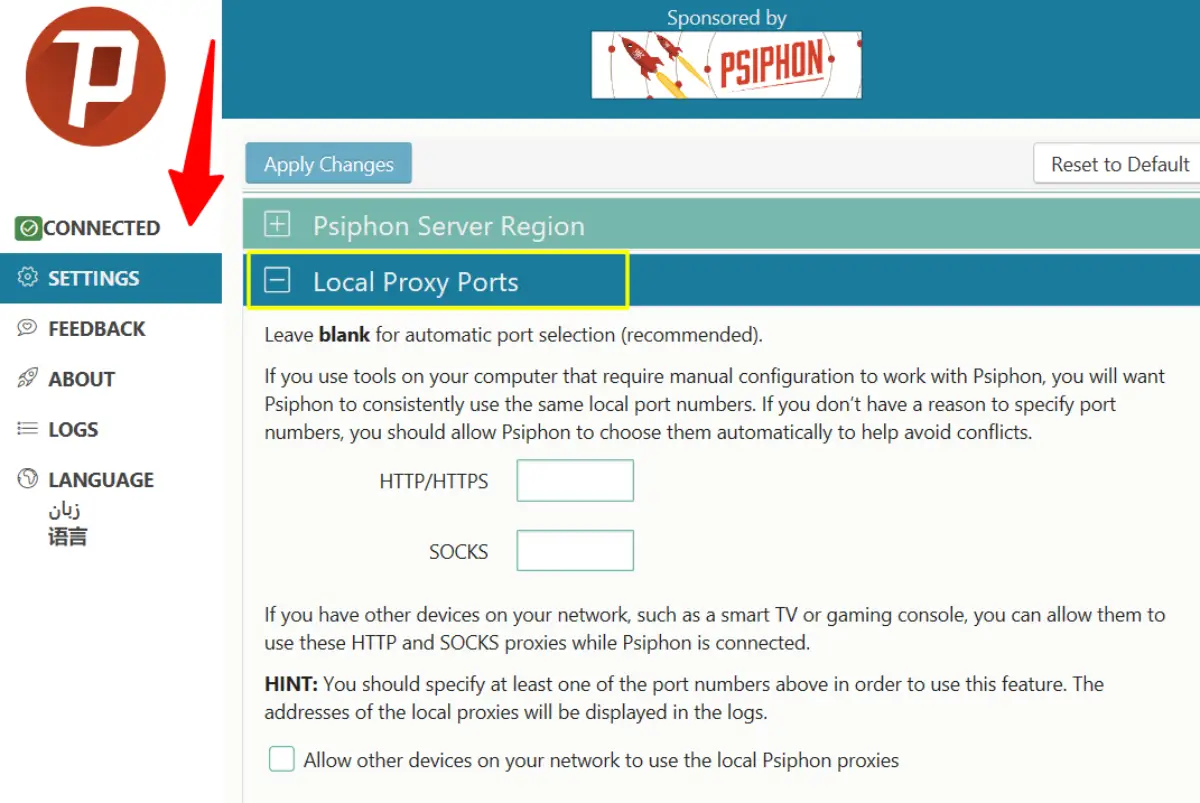 psiphon local proxy ports