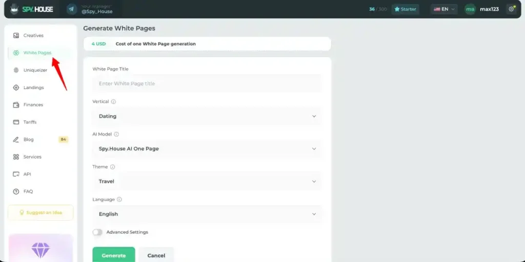 spyhouse white page creation