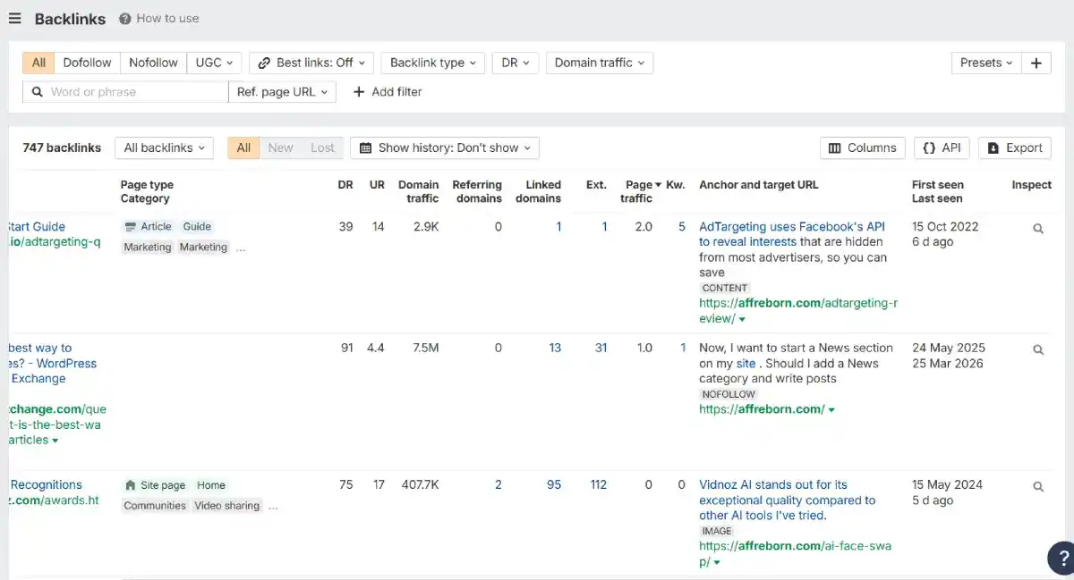 ahrefs backlink results